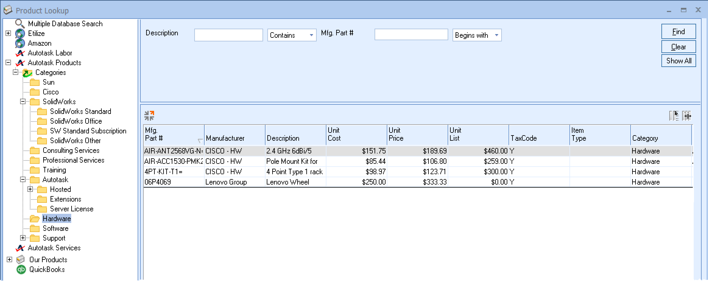 QuoteWerks Creates  Products, Services, Labor in Datto Autotask PSA