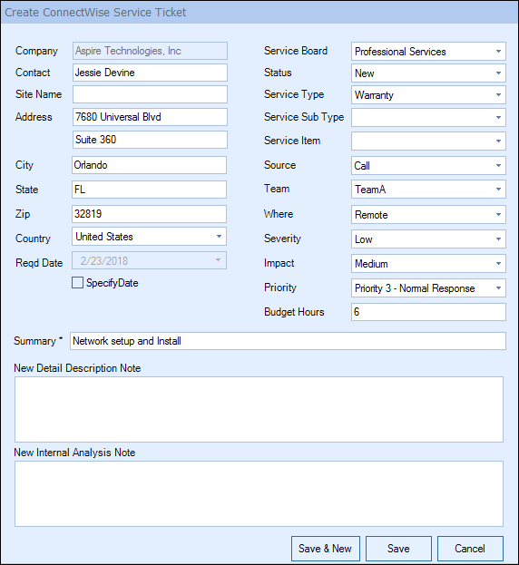 QuoteWerks creates Service tickets in ConnectWise