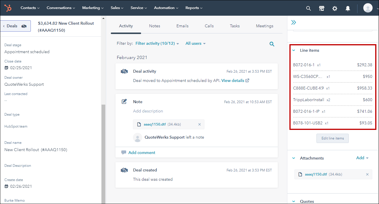 QuoteWerks Creates Deals in HubSpot CRM with Line Item Detail