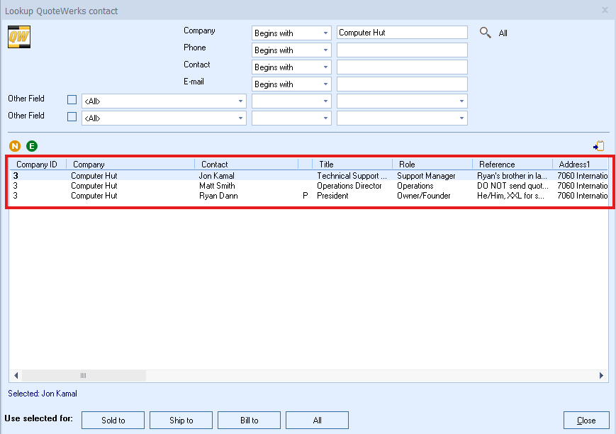 QuoteWerks allows a one-to-many Company Contact association, meaning that you can have any number of contacts associated with a Company record